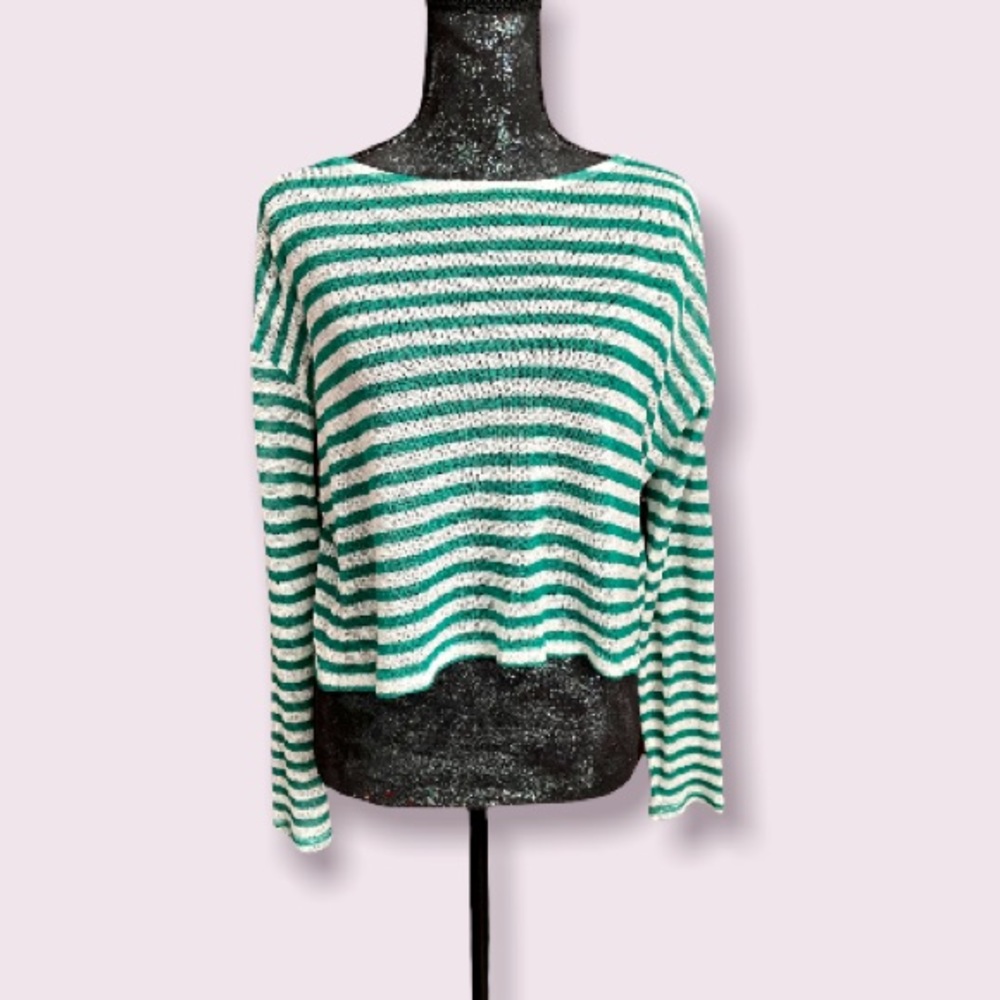 H&M Divided Green & White Striped Lightweight Crew Neck Loose Sweater